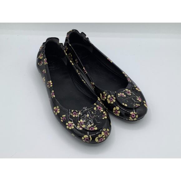 Tory Burch Shoes - Tory Burch Size 8.5 Black Patent Leather with Yellow Pink Flowers Flats